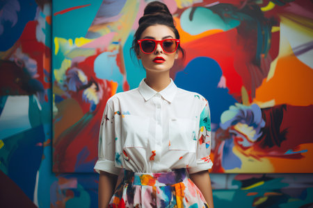 Portrait of a beautiful young woman with bright makeup and red sunglasses on a colorful backgroundの素材