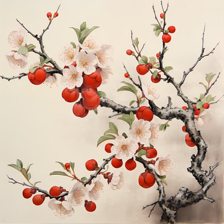 Branch of cherry blossoms with red berries on grunge backgroundの素材