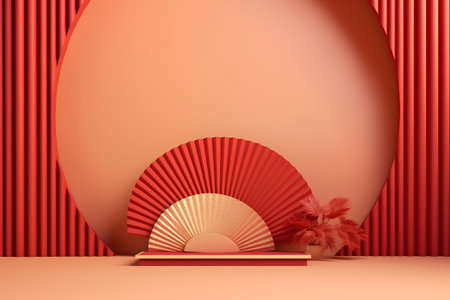3d render of minimal display podium with palm tree and fan. Abstract background.の素材