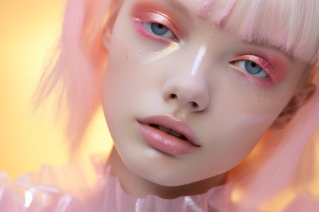 3d rendering of a beautiful girl with pink hair and bright makeupの素材