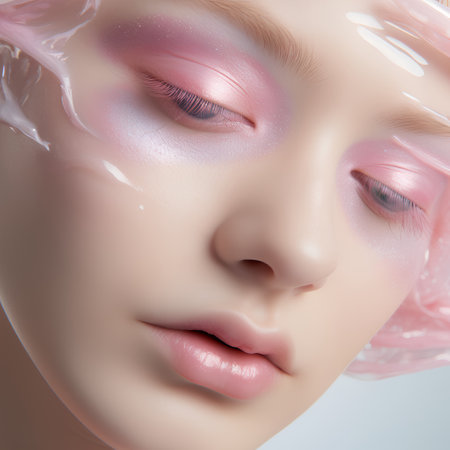 Close-up portrait of a young beautiful woman with pink make-up.の素材