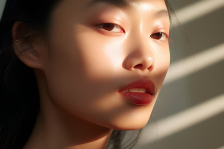 Beautiful asian woman face close up portrait with shadow on skin.の素材