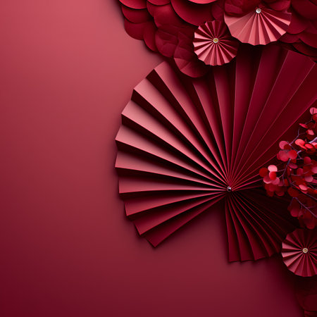 Paper fans on a red background. 3d illustration. Festive background.の素材