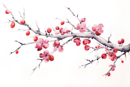 Plum blossom branch isolated on white background. Watercolor illustration.の素材