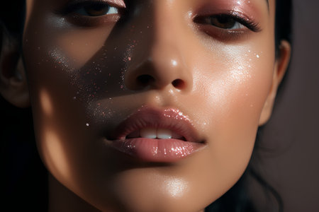 Closeup portrait of beautiful young woman with glamour makeup and glitter on lipsの素材