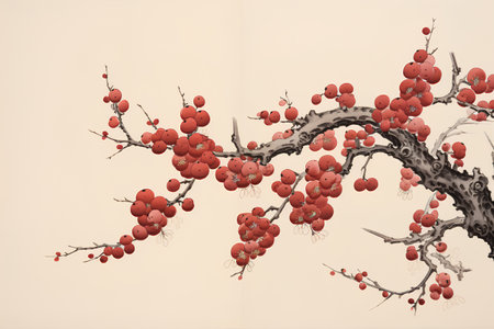 Branch with red berries on a beige background. Vector illustration.の素材