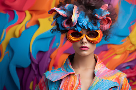 Fashionable young woman with creative hairstyle and sunglasses on colorful backgroundの素材