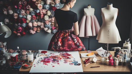 Fashion designer woman working on her designs in the studio. Blurred backgroundの素材