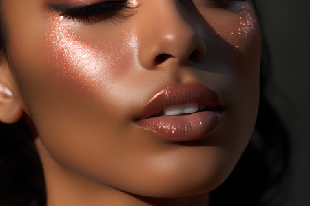 Beautiful young woman with glitter makeup. Close-up portrait of a girl with red lips.の素材