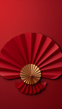 Red paper fan on a red background. Paper art. Vector illustration.の素材