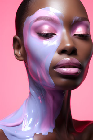 Portrait of a beautiful young african-american woman with pink make-up and pink lips.の素材