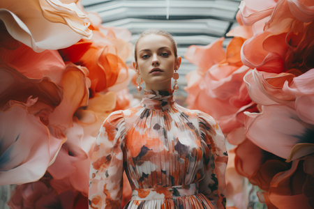 Fashion shot of a beautiful young woman in a colorful dress.の素材