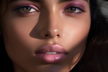 Close-up portrait of a beautiful young woman with pink lips.の素材