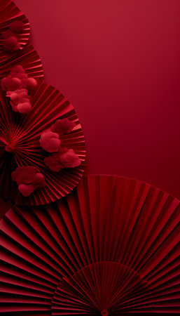 Paper fans with red hearts on red background. 3D illustration.の素材