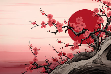 Chinese New Year background with plum blossom and red sun. Vector illustration.の素材