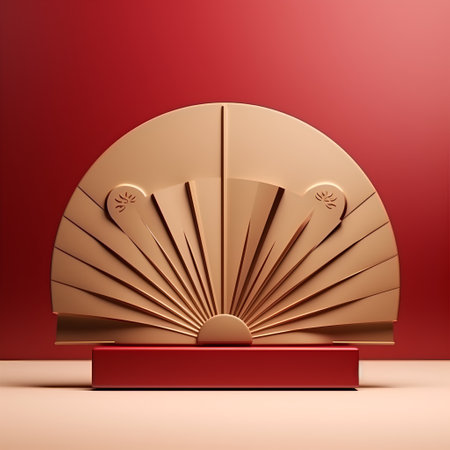 3d golden paper fan on red background. 3d render illustrationの素材