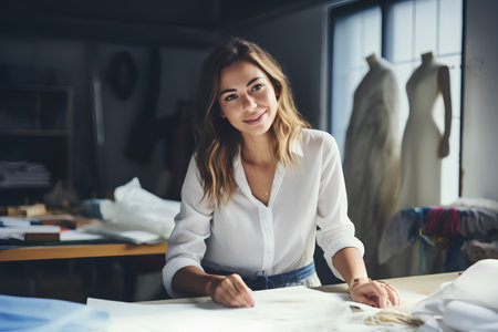 Portrait of young female fashion designer working on new collection in studioの素材