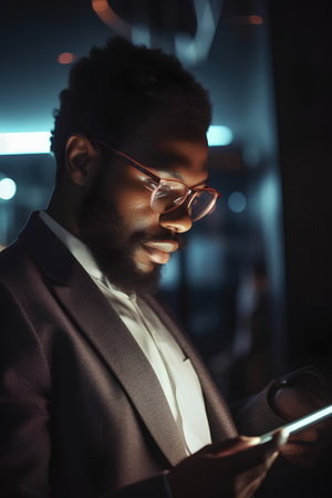 Focused african american businessman using digital tablet in night officeの素材