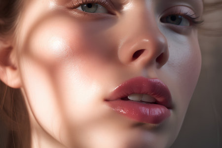 Close up portrait of beautiful young woman with red lips. Perfect skin.の素材