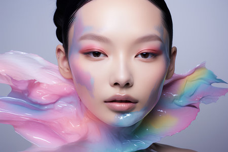 Portrait of a beautiful young asian woman with pink and blue makeup.の素材