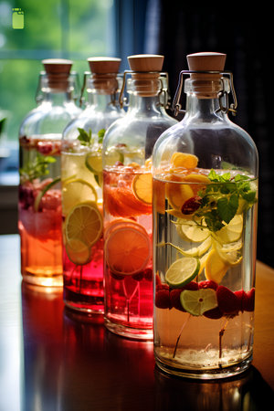 Bottles of homemade lemonade with ice, mint and berries.の素材