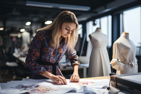 Fashion designer working on new collection of clothes in her studio.の素材