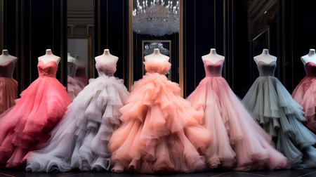 Wedding dresses on a mannequins in a luxury storeの素材