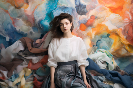 Portrait of a beautiful young woman in a white blouse on a colorful backgroundの素材