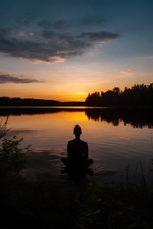 Man meditating in lotus position on the lake at sunset.の素材