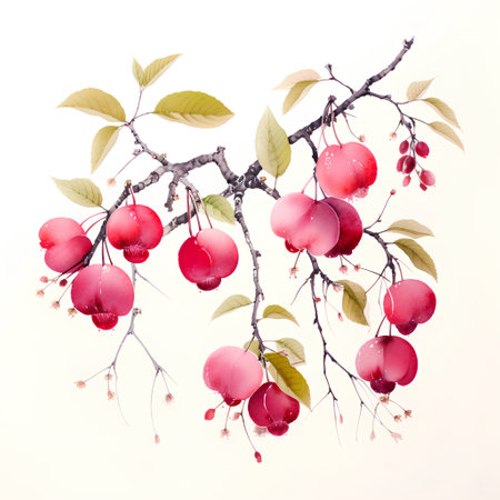 Watercolor cherry branch isolated on white background. Hand painted illustration.の素材