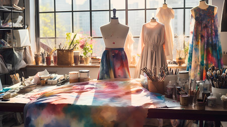 Fashion designer working on new collection of clothes in her studio.の素材