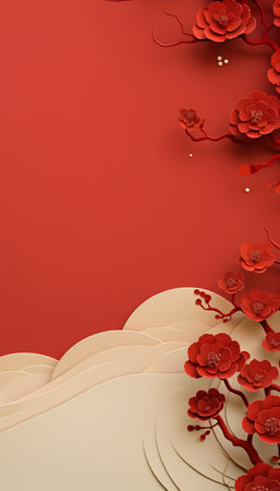 Paper cut red flowers on a red background. Paper art style. Vector illustration.の素材