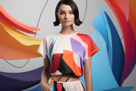 Fashionable brunette woman in colorful dress posing on colorful background.の素材