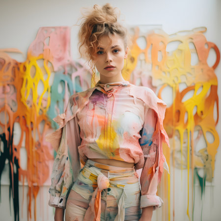 Portrait of a beautiful young woman with blond curly hair in a pink blouse and trousersの素材