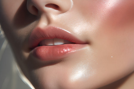 Beautiful female lips close-up. Beauty, cosmetics. Perfect skin.の素材