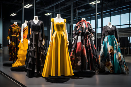 fashionable evening dresses on mannequins in fashion store showroomの素材