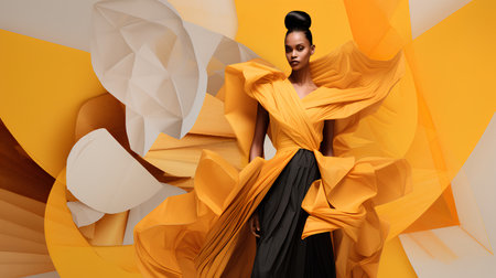 Fashionable african american woman in elegant dress posing on colorful background.の素材
