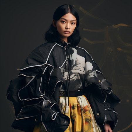 Fashion portrait of young beautiful asian woman in black jacket and yellow skirt.の素材
