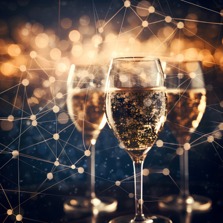 Glasses of champagne with abstract connection lines on bokeh background, celebration conceptの素材