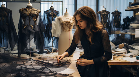 Young fashion designer working on new collection of clothes in her studio.の素材