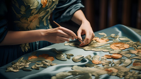 Close up of woman hands painting floral ornament on table in workshop.の素材