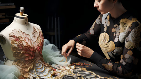 Fashion designer working on a new collection of clothes in her studioの素材