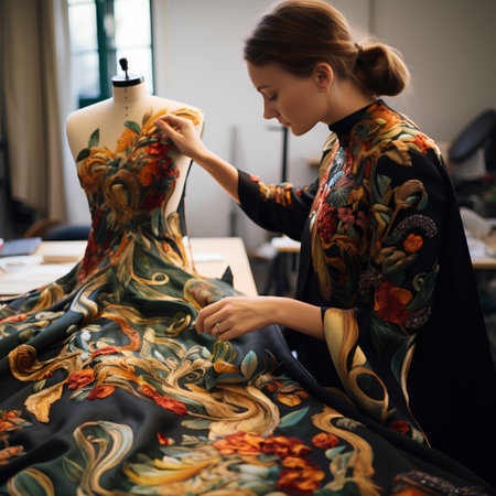 Fashion designer working on a new collection of dress designs in her studioの素材