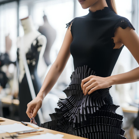 cropped view of fashion designer in black dress working with fabric in studioの素材