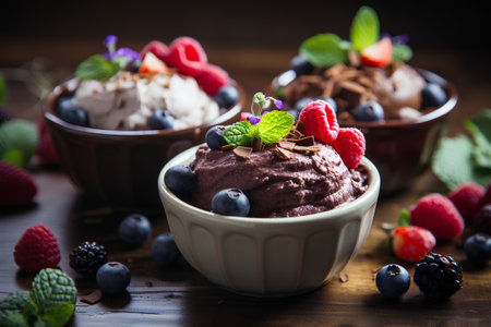 Chocolate ice cream with fresh berries and mint on wooden background.の素材