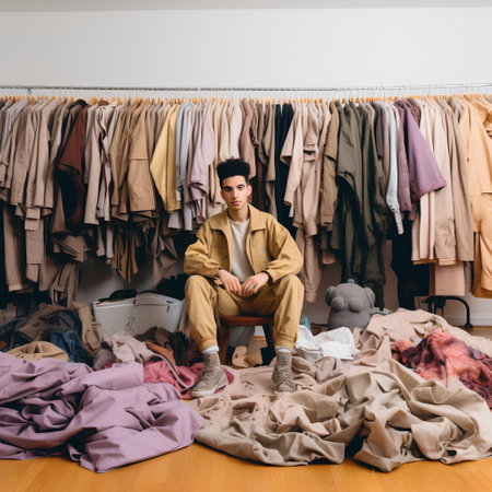 young man sitting on chair and looking at camera while choosing clothes in wardrobeの素材