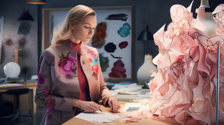 Beautiful young fashion designer drawing sketches on paper in her studio.の素材