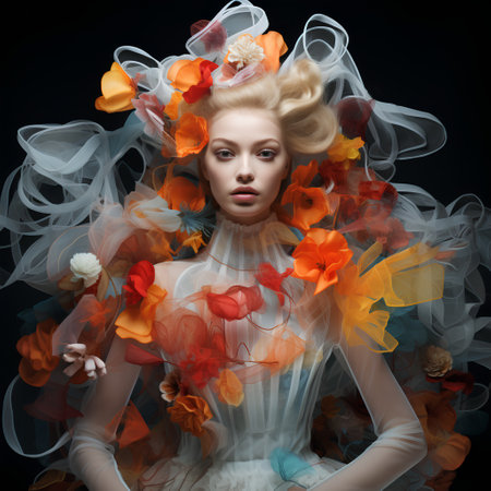 Beautiful girl with flowers in her hair on a black background.の素材