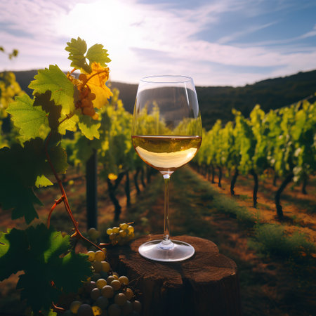 Wineglass of white wine on vineyard in sunset light.の素材