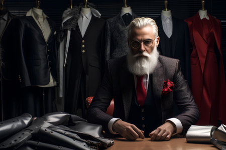 Portrait of a stylish senior man with a white beard in a jacket and red tie sitting at the table in a fashion store.の素材